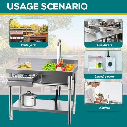 Stainless Steel Utility Sink, Commercial Kitchen Sink, 40'' Free Standing Single Bowl Sink with Drawer & Cold and Hot Water Pipe for Kitchen Laundry Room Farmhouse Indoor and Outdoor