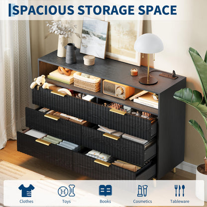 6 Drawers Dresser for Bedroom, 53.9" Wide Dressers with LED Lights and Charging Station, Curved Profile Design, Fluted Wood Drawers with Gold Handle, Modern Chest of Dressers for Living Room, Black