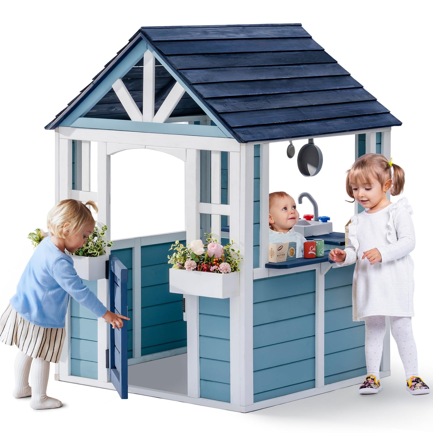 ROBUD Outdoor Playhouse, Wooden Play House for Kids Outdoor with Snack Bar, Flowerpot Holders, Sink, Stove, Cookware, Outdoor playset for Kids Ages 3+