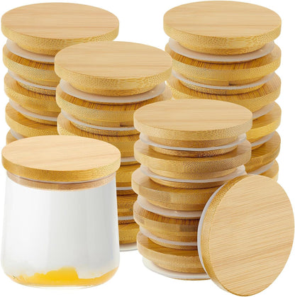 24 Pack Set Sawysine Yogurt Jar Lids Compatible with Oui Yogurt Jars Reusable Bamboo Wooden Round Canning Lids