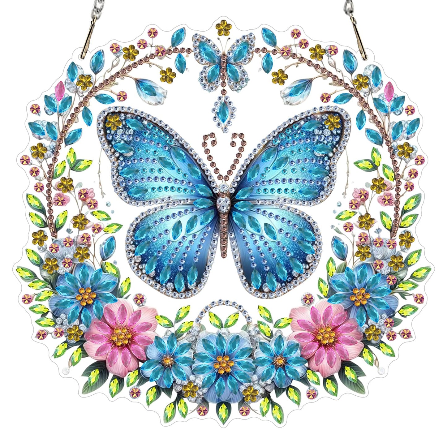 GHHKUD Butterfly Diamond Art Hanging Kits for Adults, DIY Double Sided Diamond Painting Hanging Flower Wreath, Special Shaped Acrylic Ornaments Pendants for Window Home Garden Wall