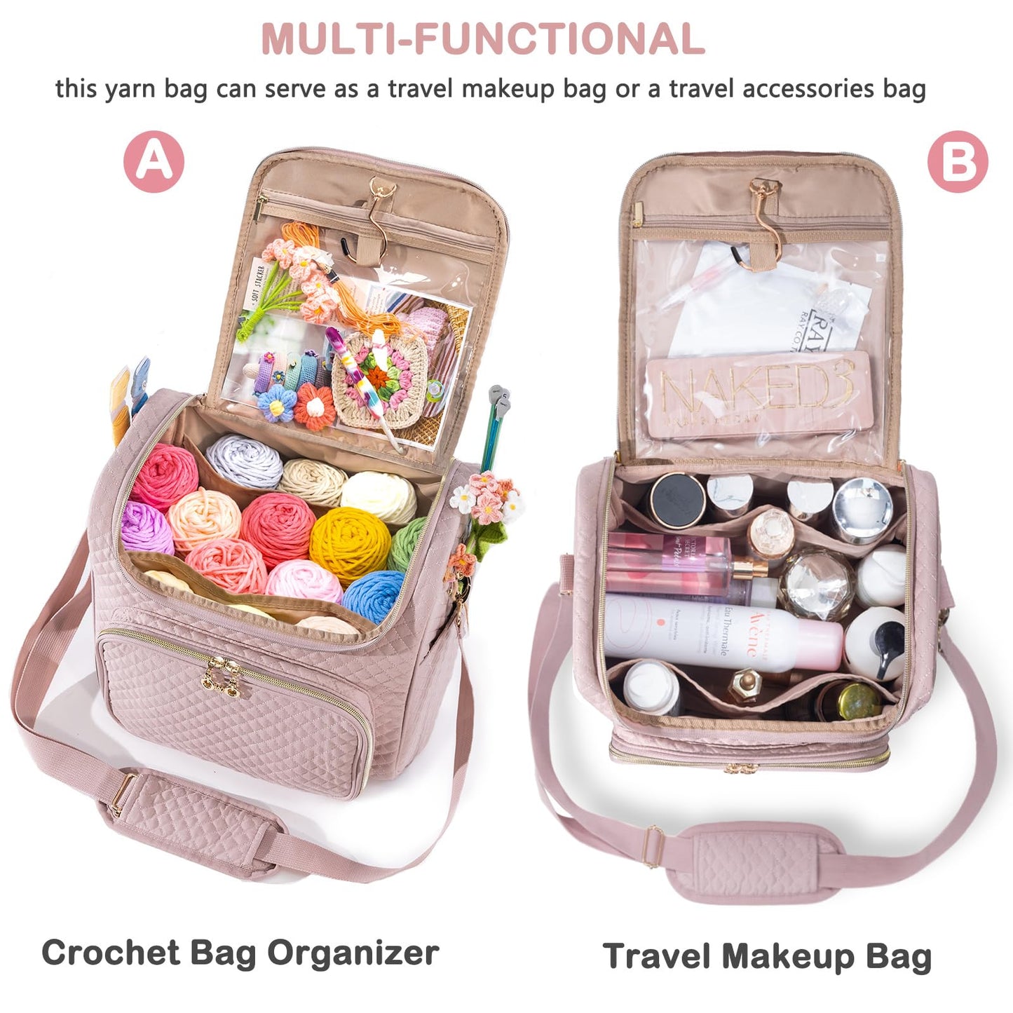 MYBAGZING Crochet Bag Organizer - Quilted Storage Bag with Hanging Hook, Ideal for Knitting & Crochet Accessories
