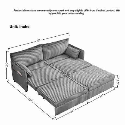 KEIKI 73" 3-in-1 Pull Out Sofa Bed, Convertible Corduroy Sleeper Sofa with USB Ports & Side Pockets, Modern Futon Couch for Living Room, Apartment or Bedroom, Gray