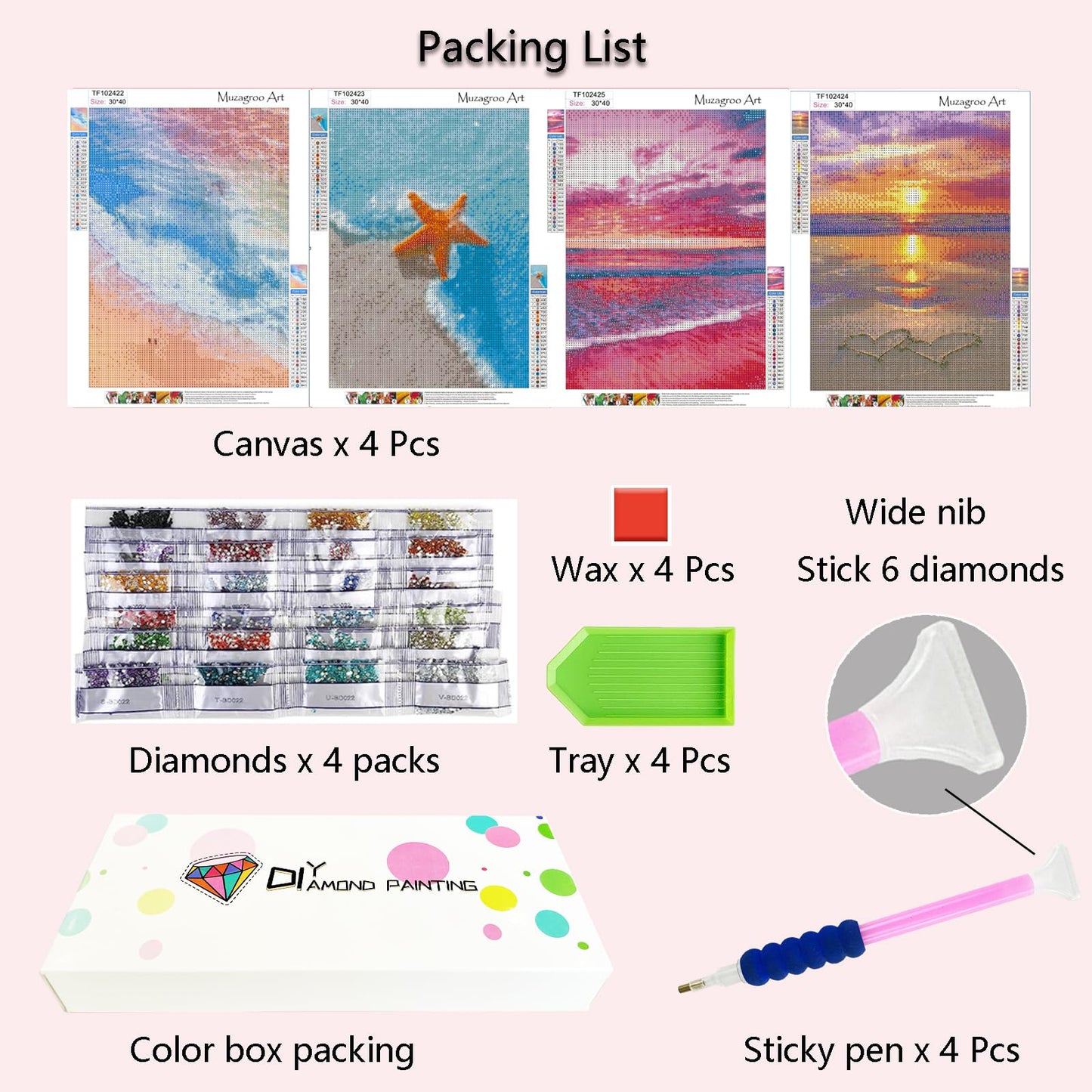 Muzagroo Art 4 Pack 5D Diamond Painting Kits for Adults DIY Drill Diamond Art Kits Arts and Crafts for Beginners Beach Diamond Dot Kits Gem Painting Wall Art for Living Room