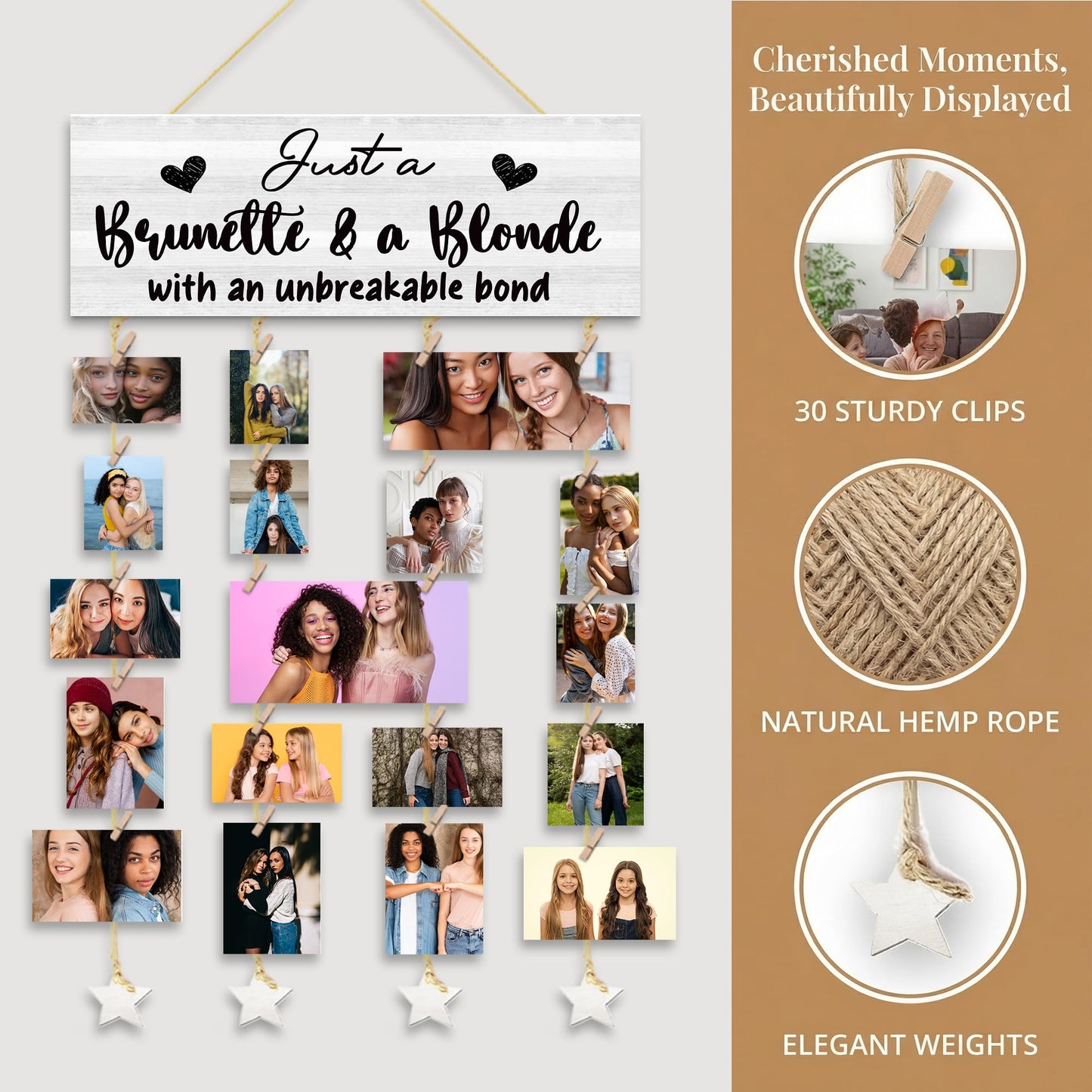 QZQE Friends Gifts Picture Frames Collage Wall Decor, Friendship Gifts,Sister Gift, Just A Brunette and A Blonde with an Unbreakable Bond Hanging Photo Display with 30 Clips 5 Ropes, 15.7x5.1 Inches