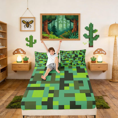 Pixel Grid Miners Kids Twin Size Fitted Sheet,Geometric Grid Patchwork Pixelated Boys Girls Bed Sheets,Cartoon Gamepad Video Games Room Decor,Cyan Green Bedding Set,1 Pillowcase(No Flat)