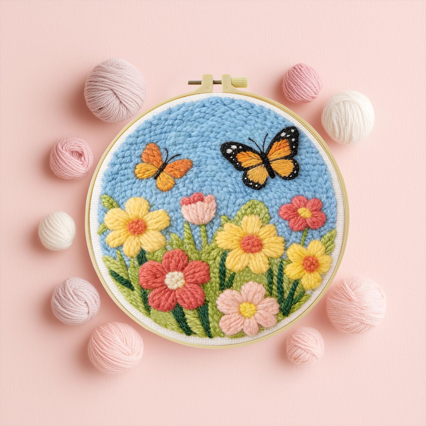 JOZYSH DIY Punch Needle Kits for Beginners Cute Cartoon Butterflies with Spring Flowers with Hoop Embroidery Punch Needle Starter Craft Set Easy for Adults Festival Gift and Decoration
