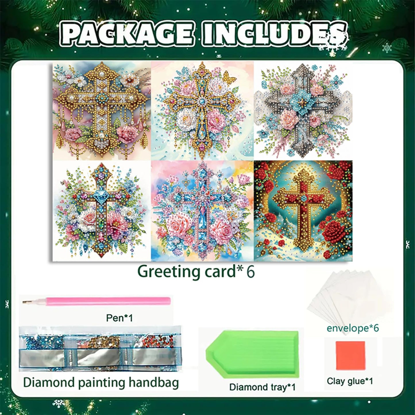 MaiYiYi 6 Pack DIY Cross Diamond Painting Greeting Cards Kit, Cross Flower Diamond Art Greeting Cards, Rose Diamond Art Cards with Envelopes for Family Friends Holiday Birthday