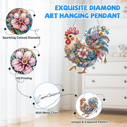 Bowetile Hanging Diamond Art Chicken Kits for Adults, 5D Special Shape Diamond Painting Rooster Pendant Kits, Animal Gem Art Suncatchers Painting Ornament for Home Garden Wall Window Decor