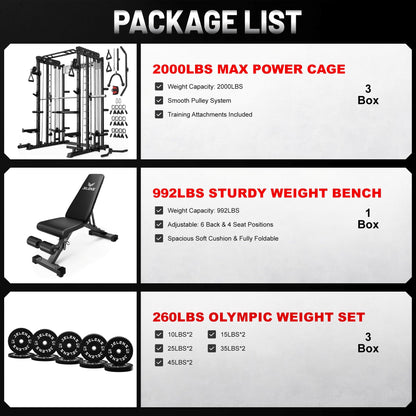 JELENS Smith Machine for Home Gym, Multi-Function M12 Power Cage, Squat Rack with Smith Bar and More Attachment (Black, 260LB Black Weights Package)