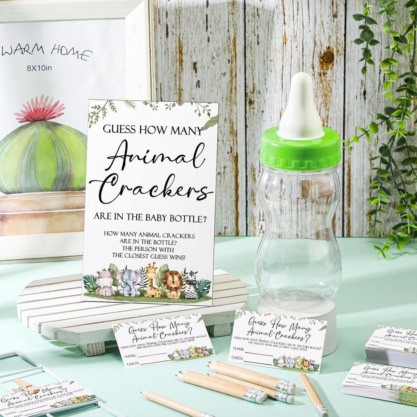 122 100 20 Dandat Pcs Woodland Safari Baby Shower Games Guess How Many Crackers Sign Guessing Cards Milk Bottle Pencils