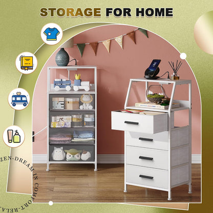 4 Nightstand Drawer Dresser with Charging Station, Side Table with Fabric Drawers, End Table with Open Shelf, Bedside