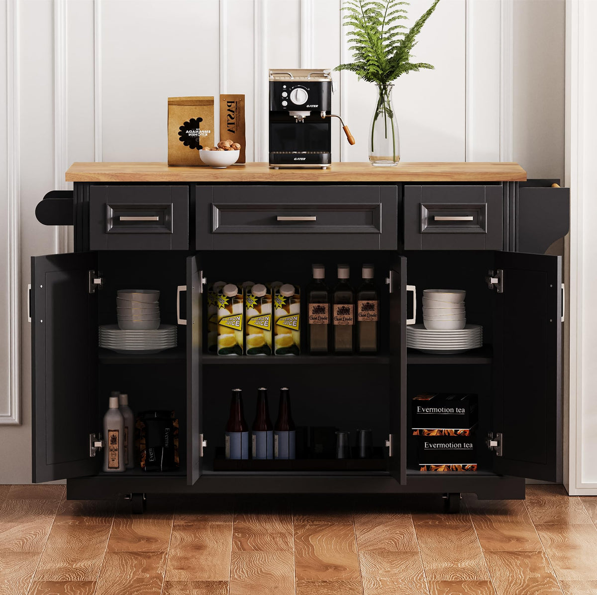 Ball & Cast Large Kitchen Island with Rubber Wood Drop Leaf,Embossed Texture Rolling Kitchen Cart On 4 Wheels W/4 Doors & 3 Drawers,Mobile Kitchen Islands W/ Storage for Kitchen,Dining Room,Black,54"