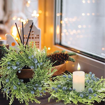 4 Pcs 3” Blueberry Candle Rings Spring Wreaths Mini Berries Table Centerpieces Wreaths Farmhouse Green Small Wreath for Pillars Kitchen Cabinet Front Door Porch Wall Decoration