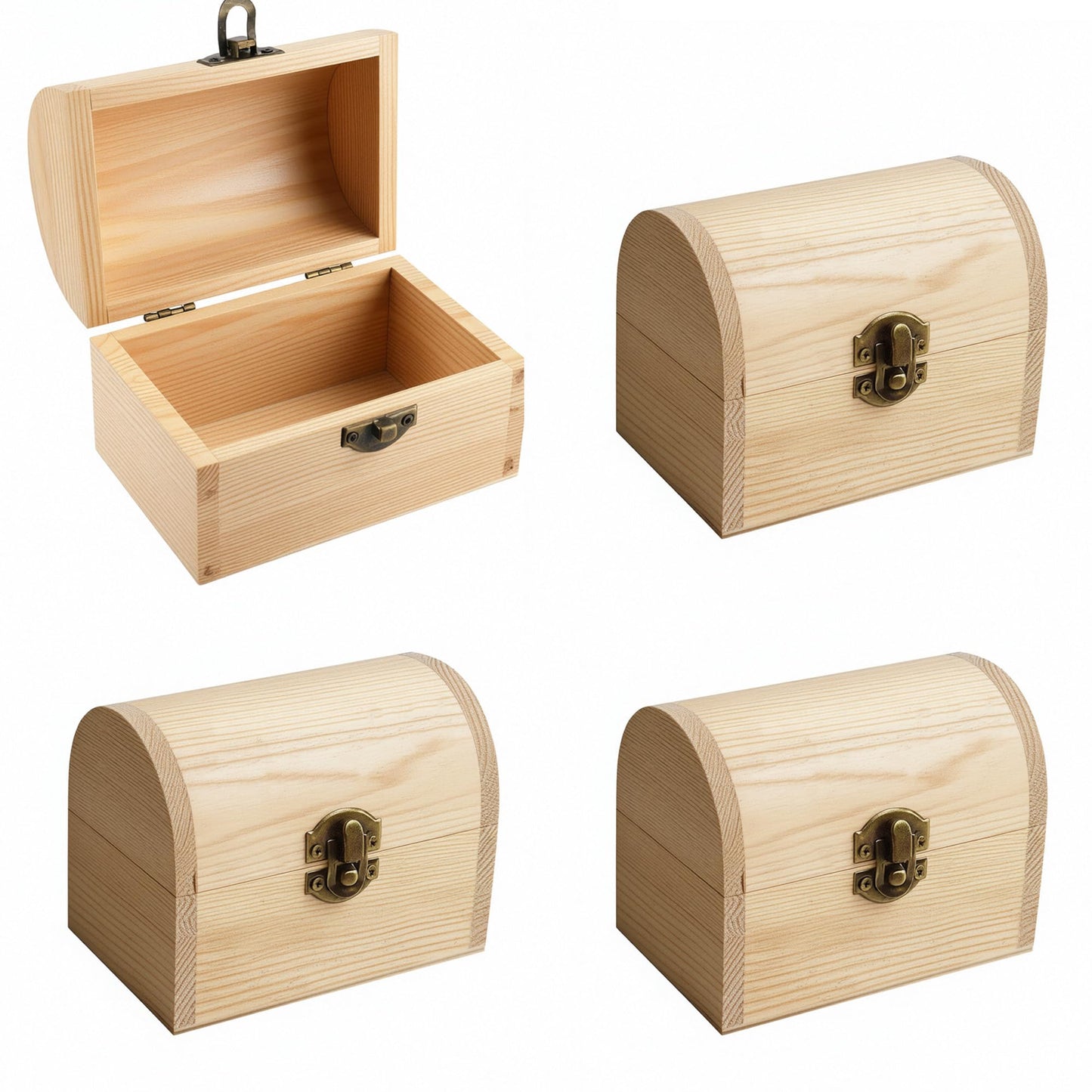 4 Pieces Unfinished Wooden Treasure Chest Box with Bronze Clasp, Pine Craft Storage Box for DIY Decoration, Small Decorative Container for Jewelry, Crafts, Keepsakes Gift Box, 4.7x3.1x3.5 Inch