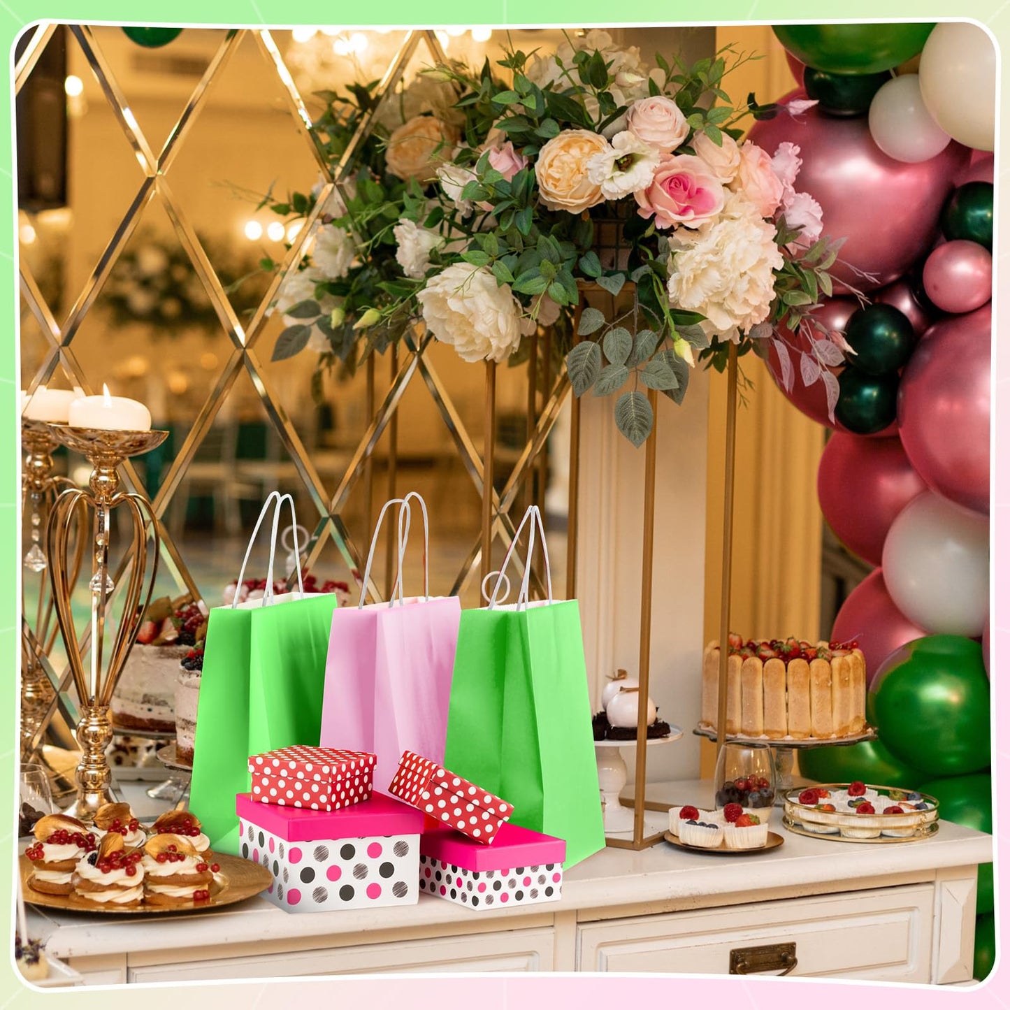 Kolldenn 48 Pcs Small Pink and Green Gift Bag 6.3 x 3.15 x 8.7 '' Paper Favor Treat Goodie Bag Bulk with Handle for Witch and Princess Theme Party Sisterhood Birthday Party Supplies
