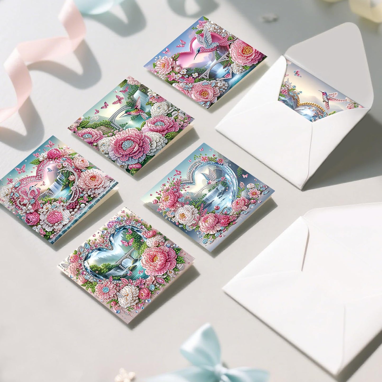 6 Pack Diamond Art Greeting Cards with Envelopes, Flowers and Hummingbirds DIY 5D Diamond Painting Card Kit, Handmade Rhinestone Postcards for Birthday & Valentine’s Day Wishes (30x15cm)