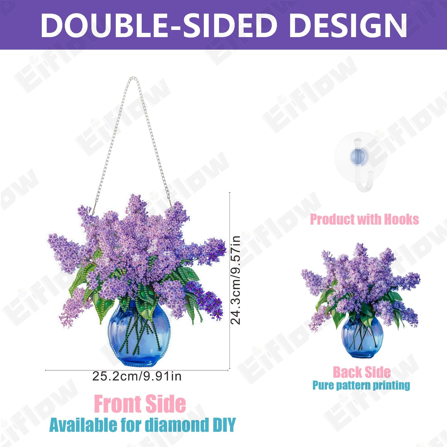Eiflow DIY Hanging Diamond Art Kit Violet Flower, Acrylic Diamonds Painting Pendant Board Kit Flower, 5D Gem Art Ornament Kit for Adults, Double Sided