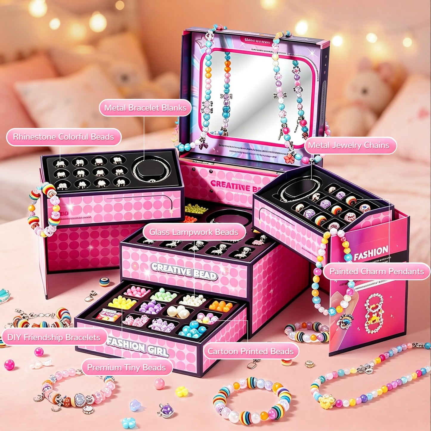 JeeMoien Charm Bracelet Making Kit for Girls 5 6 7 8-12, Friendship Bracelet Kit DIY Craft Jewelry Making Kit Birthday Gift Toy for 6 7 8 9 10 11 Year Old with Portable Jewelry Box, Pink