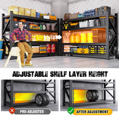 79"W Garage Shelving,8000lb Heavy Duty Storage Shelves,Industrial Metal Storage Shelving,Easy to install Standing Garage Shelf,4 Tier Adjustable Shelving Unit for Warehouse,Basement,74"H x 79"W x 24"D