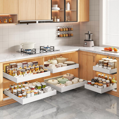 Seinloes 2 Pack Pull Out Cabinet Organizers 21"Deep with Raising Pad for Framed Cabinets,Expandable Slide Out Drawers Upgrade 3 Slide Rails,Roll Out Shelves Adhesive,Adjustable Width 12"-20.45" White