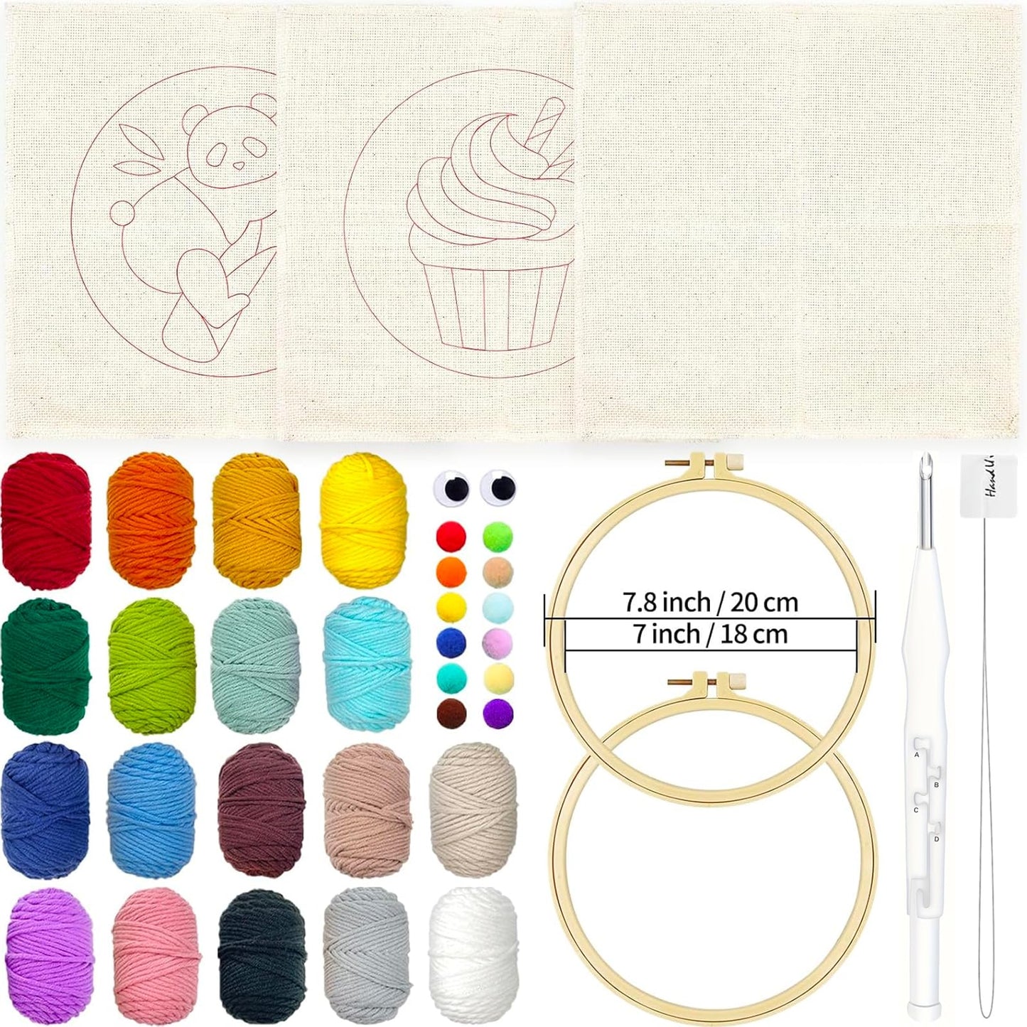 HAND U JOURNEY Punch Needle Beginner DIY Kit – 18 Colors Yarn, 2 x 8.4 Hoops with Panda & Cupcake Patterns, Punch Tool, Skill Guide, and 1 Blank Monk's Cloth for Creative Embroidery Craft