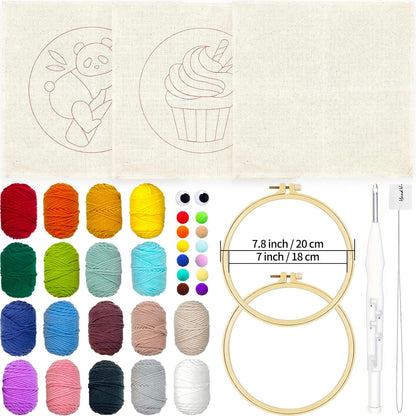 HAND U JOURNEY Punch Needle Beginner DIY Kit – 18 Colors Yarn, 2 x 8.4 Hoops with Panda & Cupcake Patterns, Punch Tool, Skill Guide, and 1 Blank Monk's Cloth for Creative Embroidery Craft