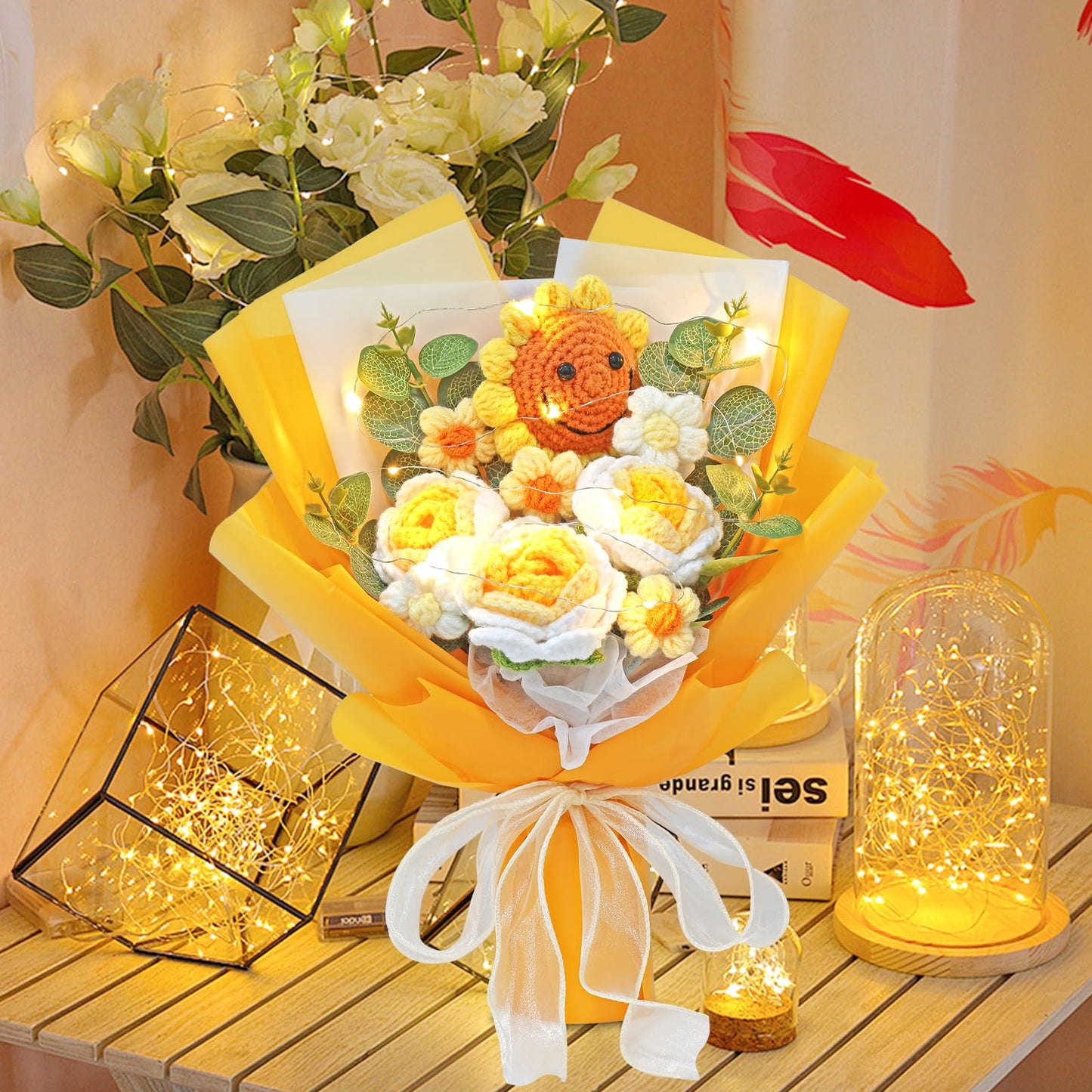UXORSN Yellow Crochet Flower Bouquet for Mom Artificial Sunflower Finished Handmade Knitted Bouquet Preserved Flowers Fake Rose Crochet Kits Gift for Birthday Anniversary Graduation
