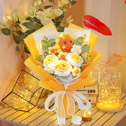 UXORSN Yellow Crochet Flower Bouquet for Mom Artificial Sunflower Finished Handmade Knitted Bouquet Preserved Flowers Fake Rose Crochet Kits Gift for Birthday Anniversary Graduation