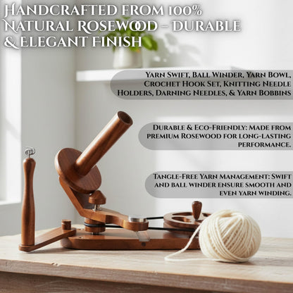 Brainmart Rosewood Yarn Winder & Swift with Wooden Yarn Bowl – 30pcs Crochet Kit | Handcrafted Wooden Ball Winder, Crochet Hooks Set, Bobbins, Weaving Needles for Knitting, Crocheting & Weaving