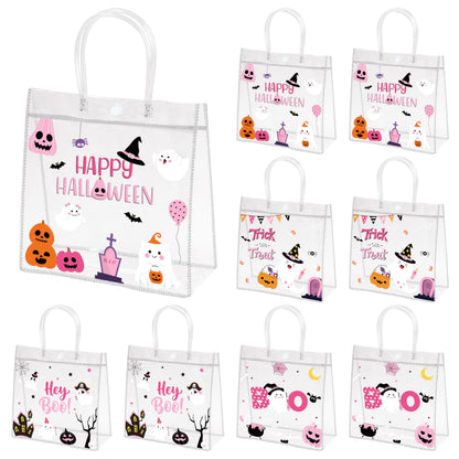 H1vojoxo Halloween Party Gift Bags - 24PCS Pink Halloween Clear PVC Gift Bags with Handle Trick or Treat Goodie Treat Tote Bag Reusable Hey Boo Pumpkin Tote Bag for Kid Pink Ghost Parties Favor Supply