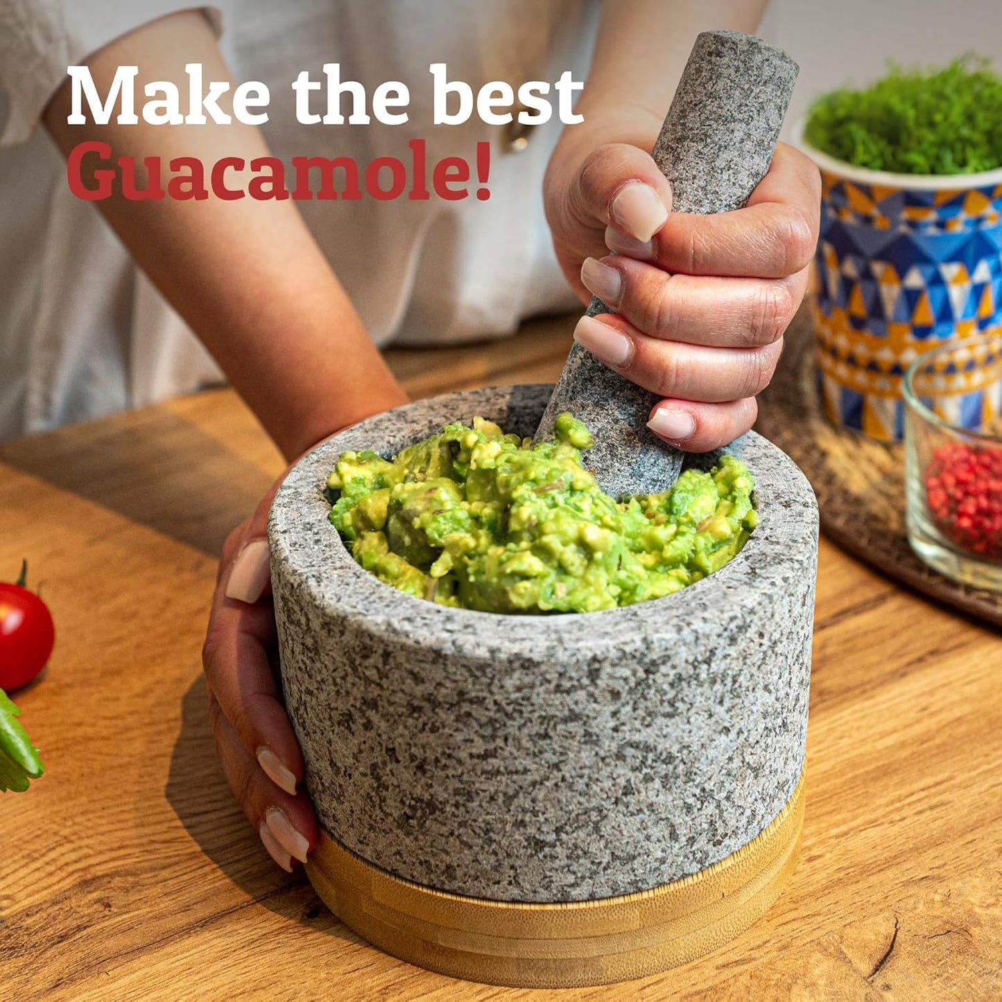 Heavy Duty Mortar and Pestle Set with Bamboo Base, Large 2 Cups Natural Granite Bowl for Guacamole and Masher