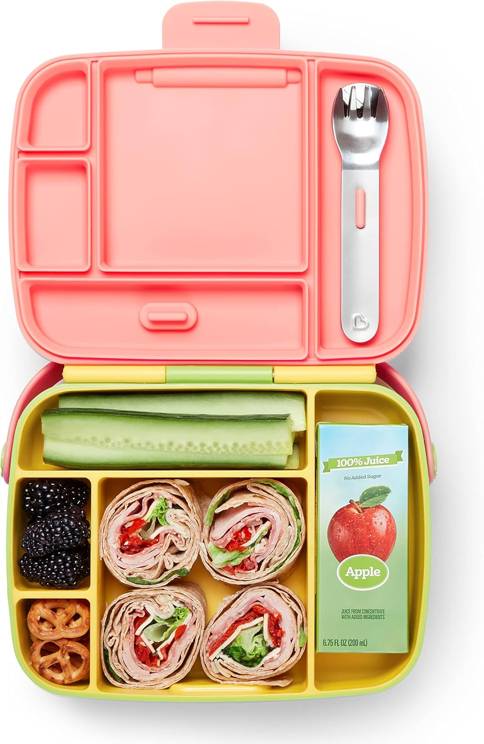 Munchkin Lunch Bento Box for Kids - Includes Stainless Steel Utensils, BPA-Free, Pink/Green/Yellow, 18 Months and Up