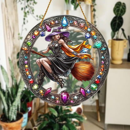 8x8 inch Charming The Witch Rides A Broom Acrylic Stained Glass Window Hanging Sun Catcher Decor Stained Panel Hangings Wall Art Decor, for Friends and Family (Witch Broom)