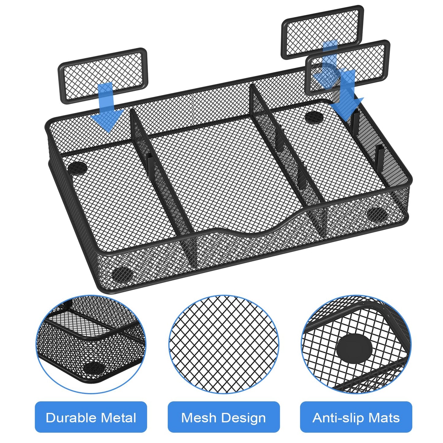 VyGrow Desk Drawer Organizer, Metal Mesh Drawer Organizer Tray with 6 Adjustable Compartment, Tray Organizer for Desktop, Kitchen, Bathroom, Makeup, Vanity - 14.5x8.8x1.96 inch, Black, 1PC Large