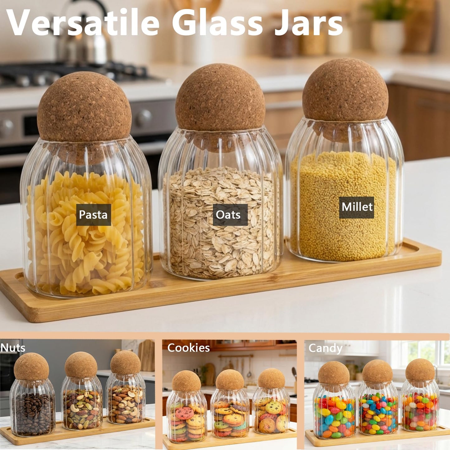 GYOSUGANG Glass Jar Storage Container with Ball Cork, 3PCS Round Glass Canisters with Tray & Labels, Small Glass Jars for Food Sugar Candy Coffee Tea Nuts - Style 2(500ml/17oz)