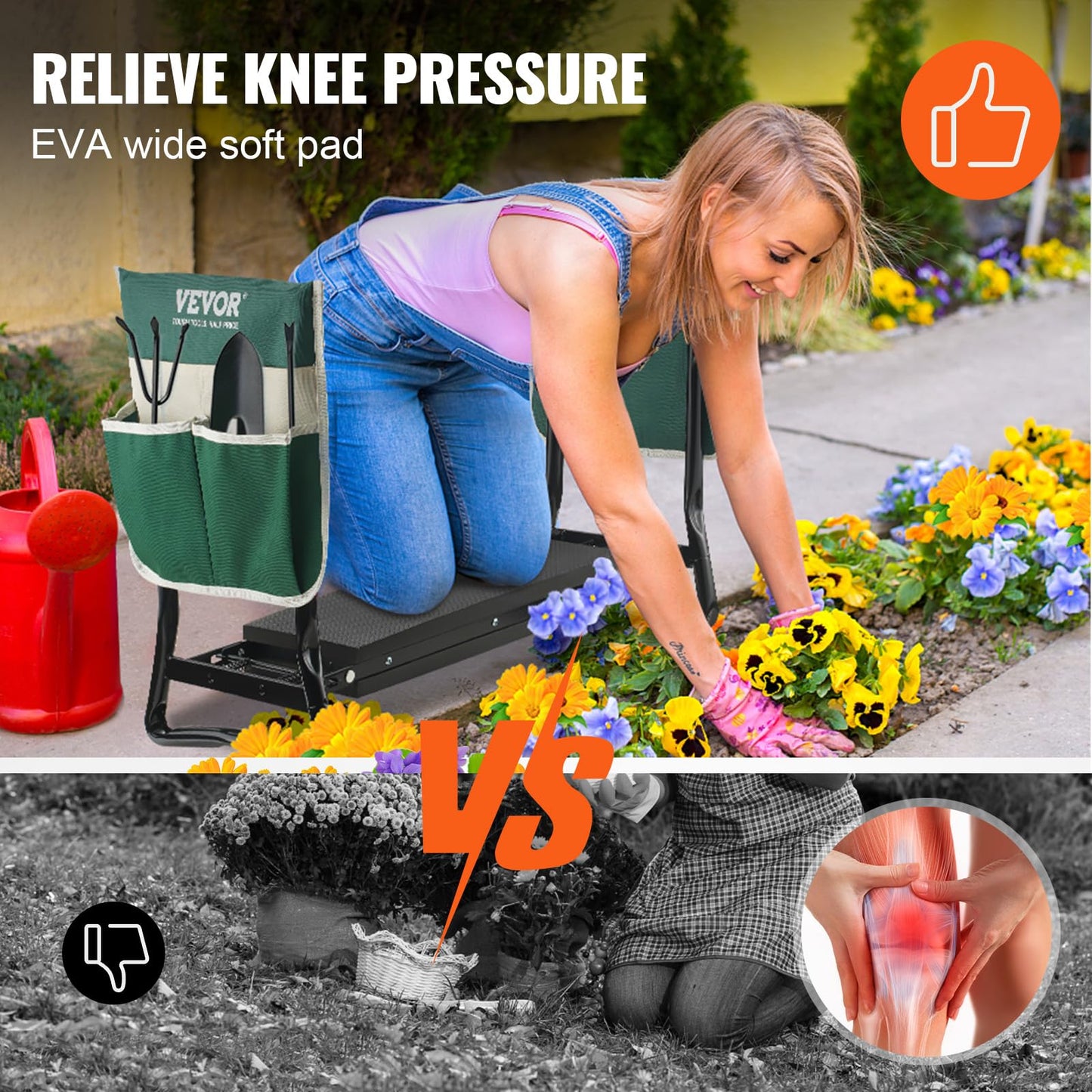 VEVOR Folding Garden Kneeler and Seat Heavy Duty, Widened 8" EVA Foam Pad, Portable Garden Stool with Tool Bags, Gardening Bench to Relieve Knee & Back Pain, Great Gifts for Seniors, Women, Parents