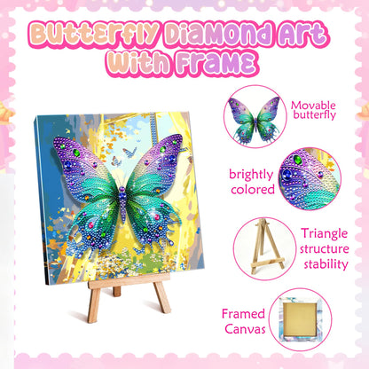 SJTYDX 5D Diamond Art Butterfly Kit with Frame, Sparkling Diamond Painting for Adults Beginners, DIY Gem Painting Craft with Easel, DIY Paint with Diamonds for Home Decor & Unique Gift, 7.8x7.8 Inc