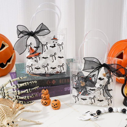 Whaline 12 Pcs Halloween Clear PVC Gift Bags with Handles Ribbon Black Bats Bow Coquette Party Favor Bags Trick or Treat Tote Candy Bag for Holiday Birthday Baby Shower Halloween Party Supplies