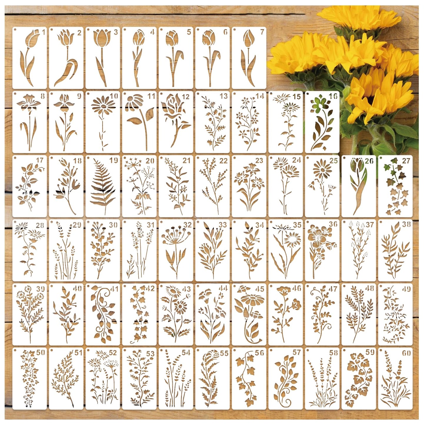 60pcs Small Floral Stencils for Painting on Wood Reusable Flower Wildflower Stencil Templates for Crafts Vine Herb Botanical Leaf Plant Stencils for Drawing on Wall Canvas Furniture(floral60)