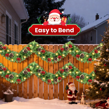 Christmas Garland, JTSIOV 9ft Artificial Christmas Tree Garland with 9ft Lights, Pine Cones, Red Berries, Branch Tips, Waterproof Christmas Decoration for Stairs, Fireplace, Door, Xmas Trees, Garden