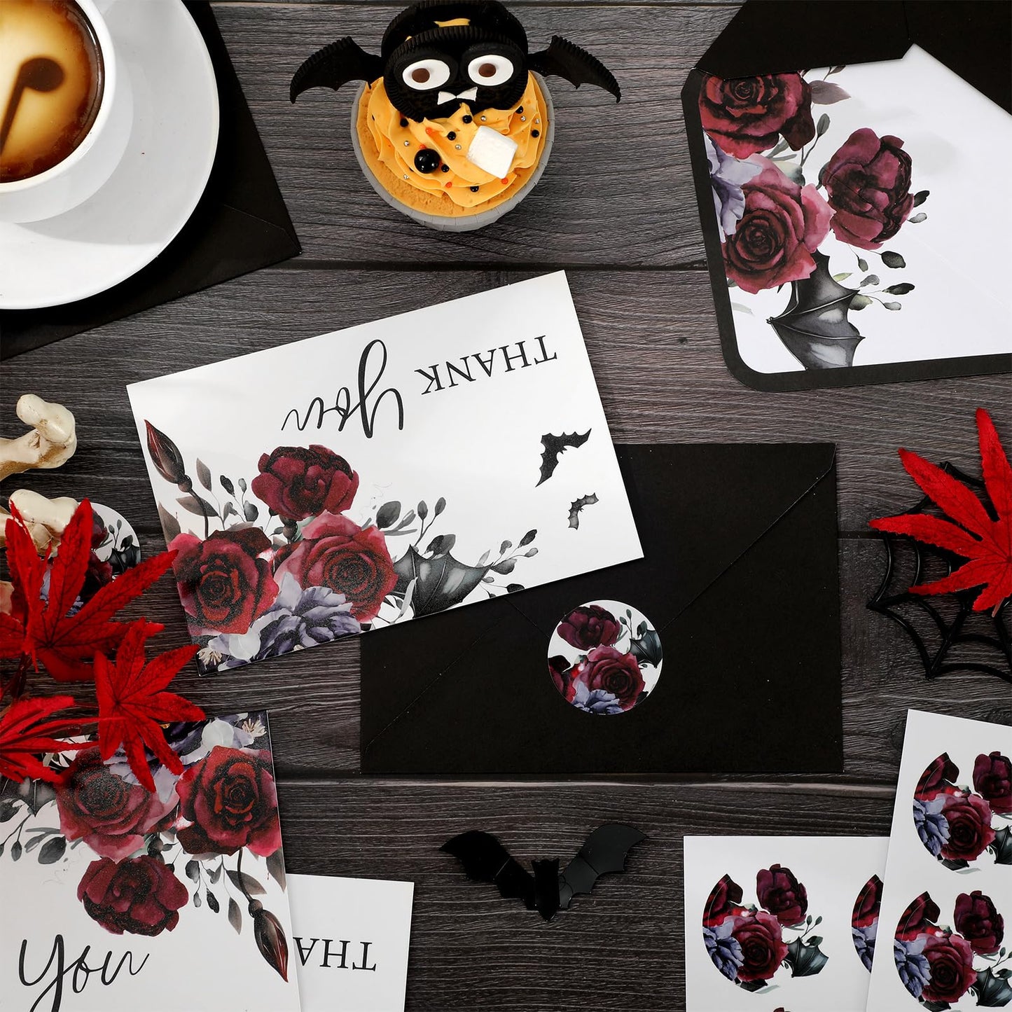Whaline 36Pcs Halloween Thank You Cards with Envelopes Stickers Blood Red Flower Bat Greeting Cards Blank Note Card for Halloween Birthday Wedding Party Supplies