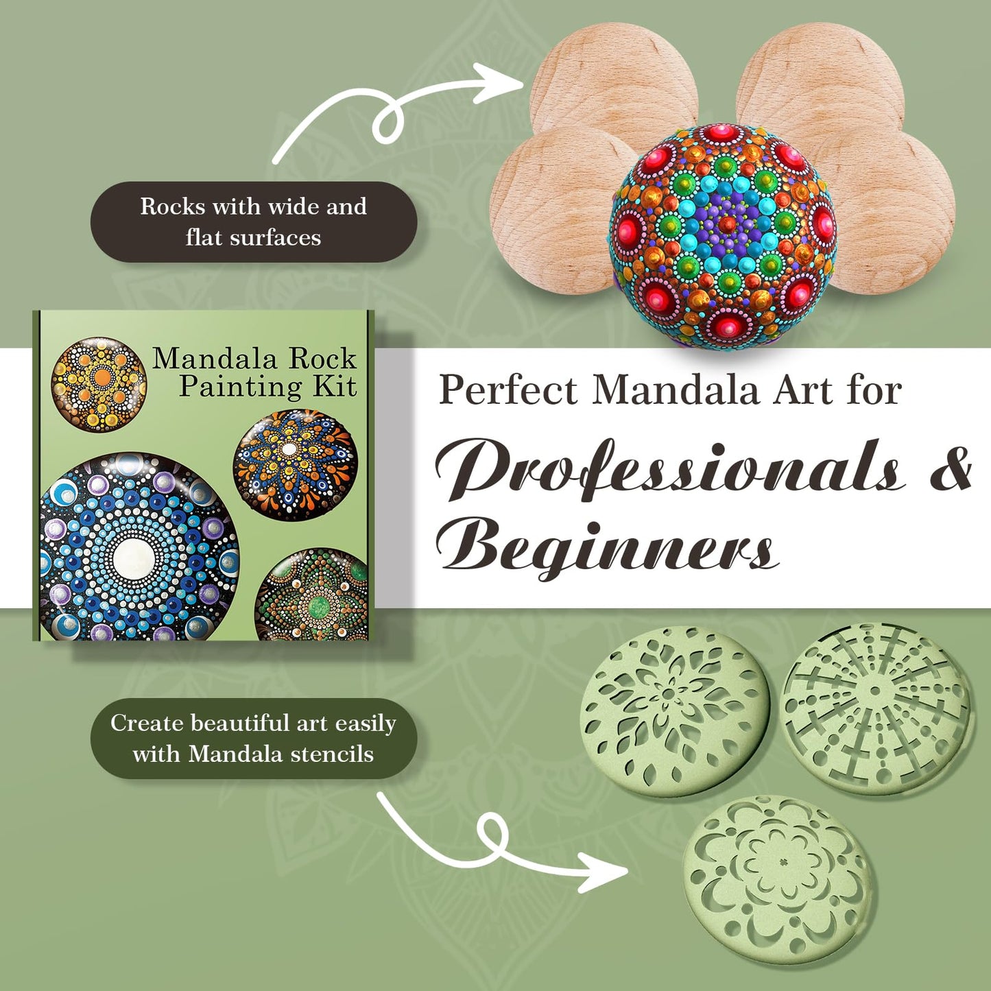 Mandala Rock Painting Kit - Mandala Dotting Tools Kit - 5 Large Wooden Rocks for Painting with 6 Stencil Supplies, Dotting Tools for Painting - Dot Art and Crafts for Adults Women - Mothers Day Gift