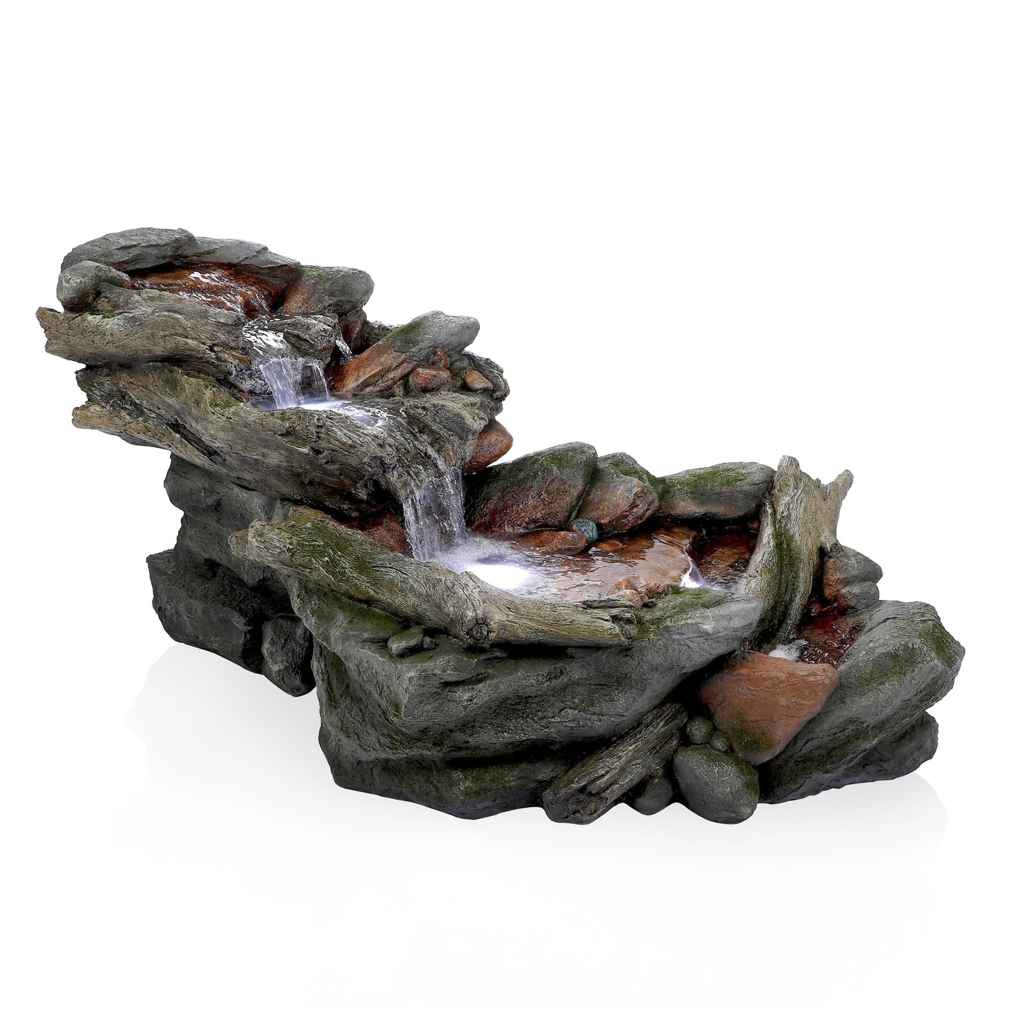 Alpine Corporation | 60"L Outdoor 3-Tier Rainforest Rock River Hand-Painted Water Fountain with LED Lights — Garden, Patio & Yard Décor
