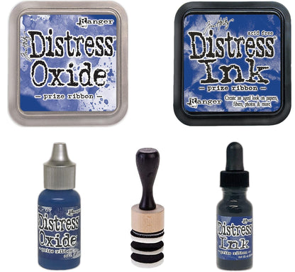 Tim Holtz Distress Prize Ribbon Bundle - Distress Ink and Distress Oxide - Pads, Reinkers and Tools - 5 Items, Prize Ribbon Blue