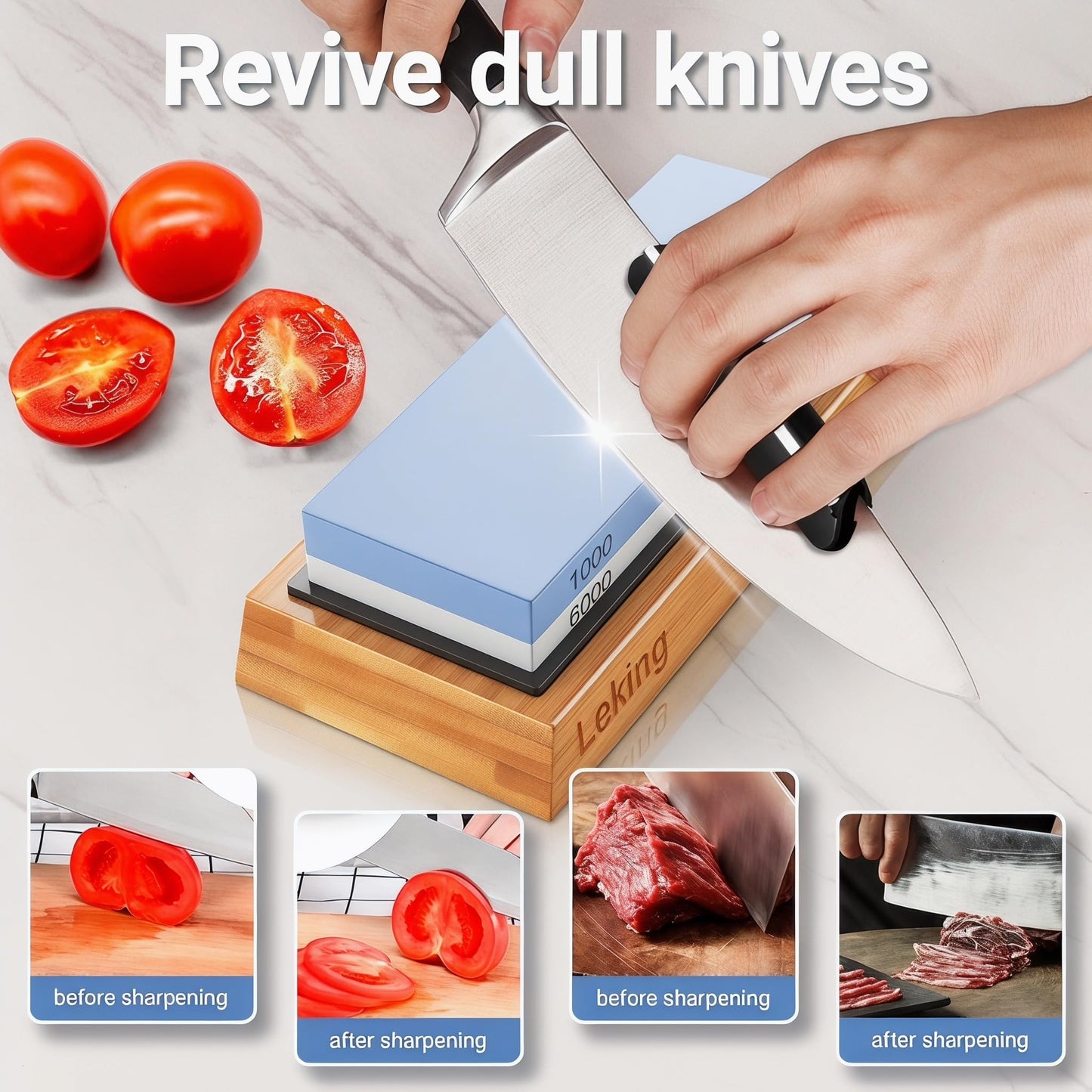 Leking Professional Knife Sharpener & Sharpening Stone Set: 1000/6000 Grit Dual-Sided Whetstone(7"x2.4"x1.2") with Bamboo Base, Non-Slip Silicone Holder, Angle Guide & Leather Strop Kit
