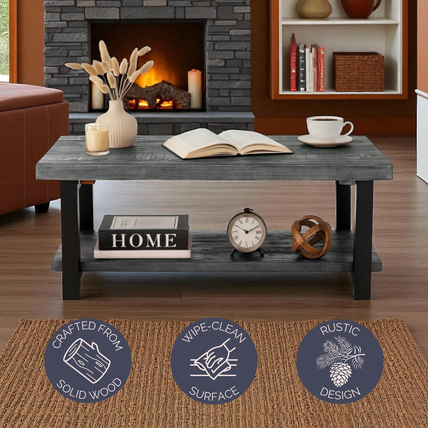 Alaterre Furniture Pomona Living Room 42 Inch Rectangular Solid Wood Coffee Table with Storage Shelf & Metal Legs – Modern Rustic Industrial Living Room Table (Slate Grey)
