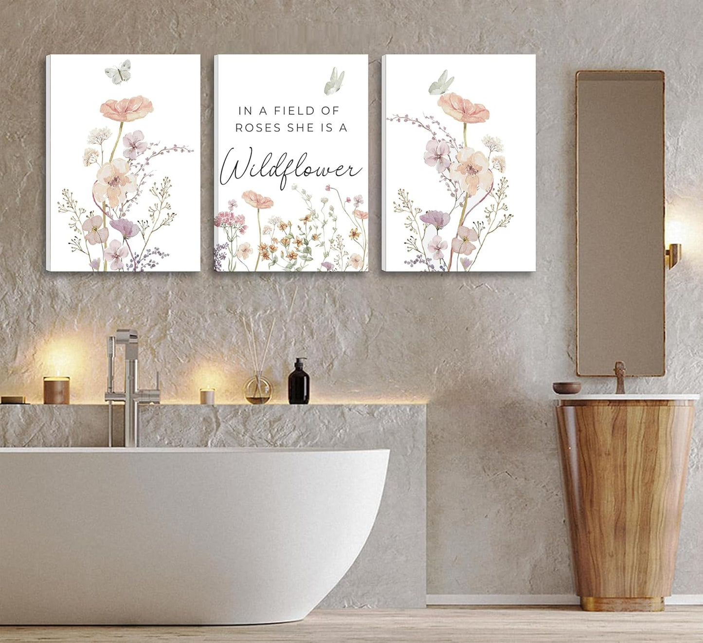 Dawaqwe 3PcsFramed Wildflower Nursery Canvas Wall Art Flower Botanical Sentence Poster Pink Watercolor Floral Girl's