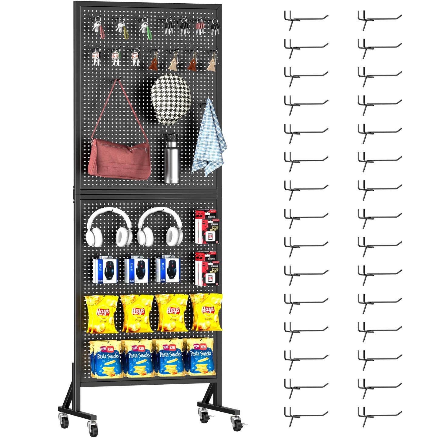 Folews 24″ x 70″ Pegboard Display Stand, Freestanding Metal Peg Board Display with 30 Hooks & Wheels Portable Standing Pegboard Rack for Vendor Retail Craft Show Fair Garage DIY, Black