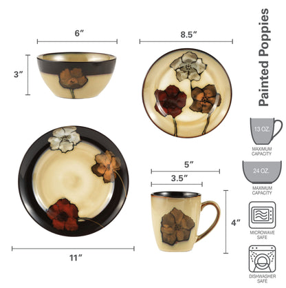 Pfaltzgraff Painted Poppies 16-Piece Dinnerware Set, Service for 4, Colorful Floral Stoneware Plates, Bowls, and Mugs, Microwave and Dishwasher Safe